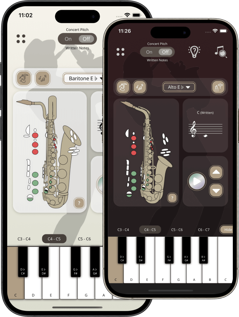 Free saxophone fingering chart app showing alto sax fingering positions with virtual keys and tuner interface