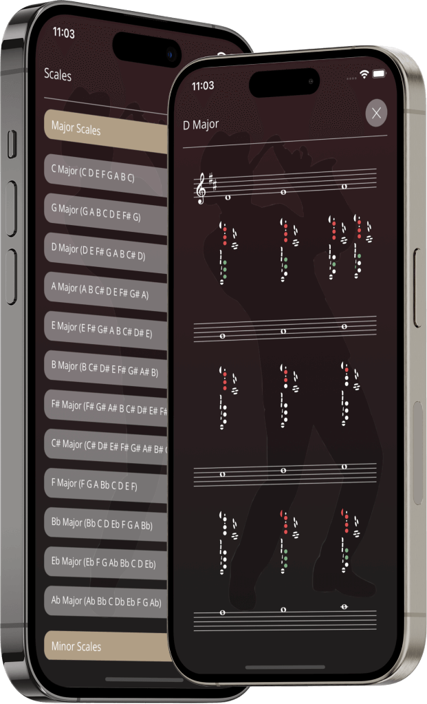 Complete saxophone scales library showing major and minor scale fingering patterns