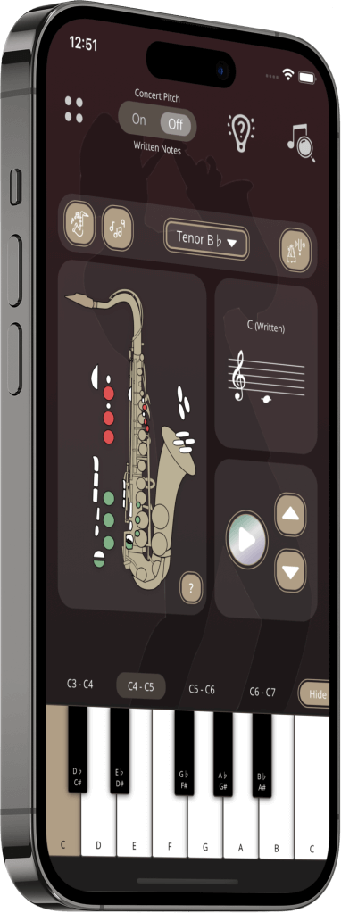 Tenor saxophone fingering chart app interface showing note positions and virtual keys