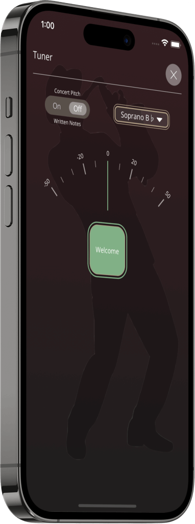 Professional saxophone tuner app showing pitch accuracy and tuning interface