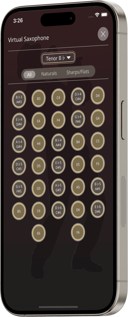 Virtual saxophone simulator interface for online playing and practice