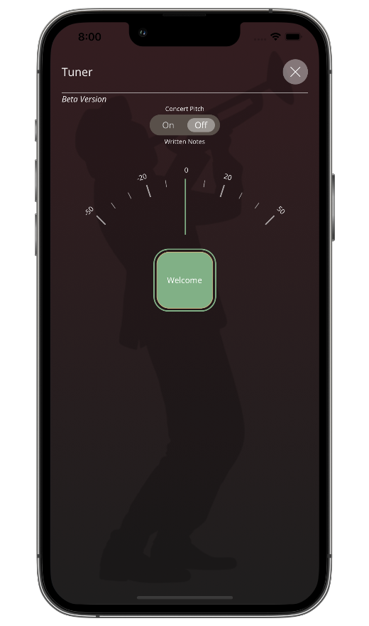 Precision trumpet tuner app with chromatic tuning and visual pitch indication for Bb and C trumpet