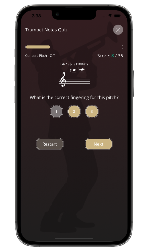 Interactive trumpet theory quiz app testing valve combinations and musical knowledge