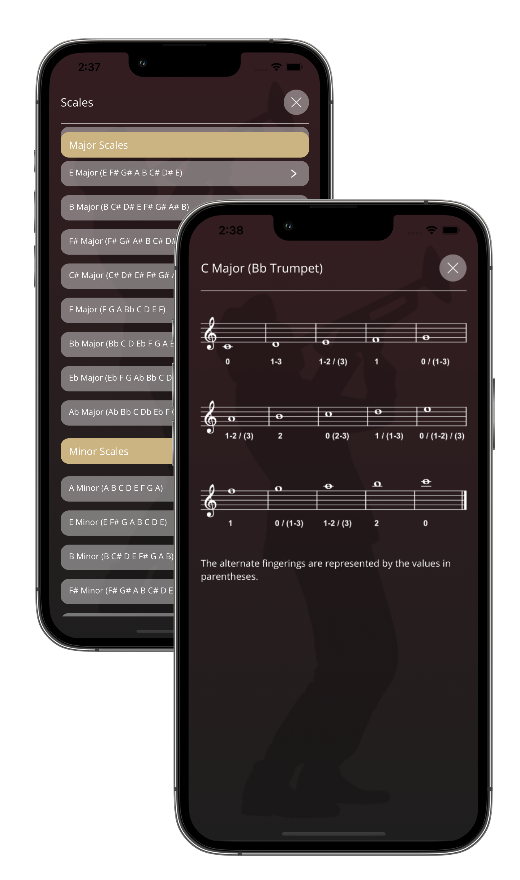 Complete trumpet scales library showing major and minor scale valve combinations for practice
