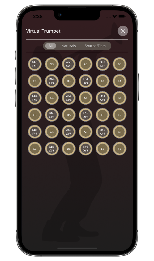 Virtual trumpet simulator interface with realistic valve controls for online trumpet playing